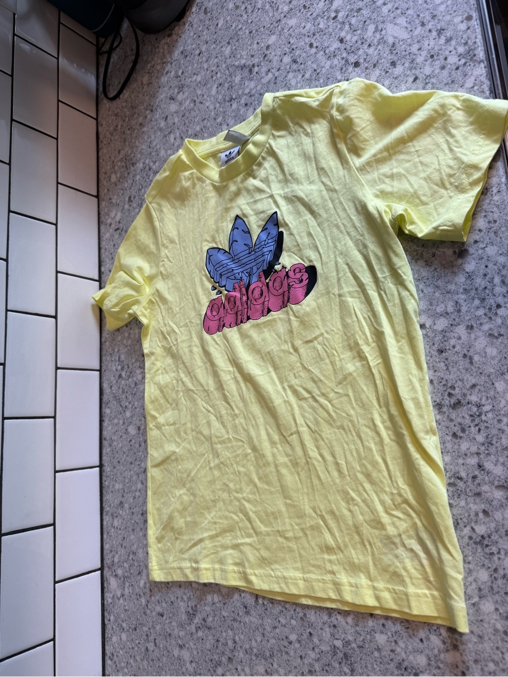 adidas Yellow Tee with Blue & Pink Trefoil Graphic